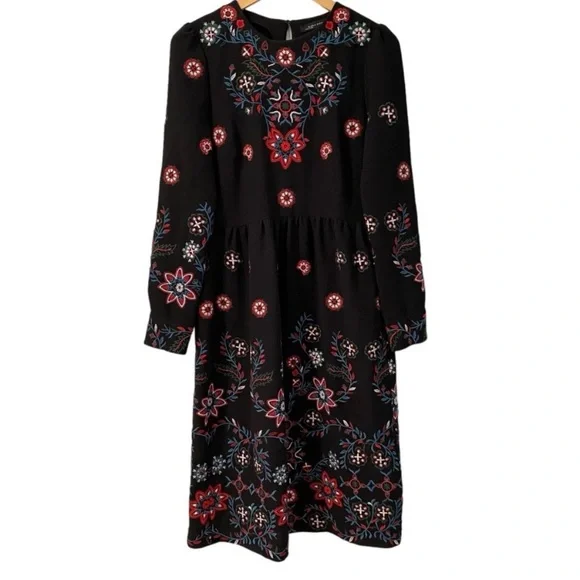 Zara Midi Floral Runways Fav Embroidered Long Sleeves Black Dress M - Picture 7 of 13